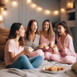 A group of attractive young women having a fun sleepover