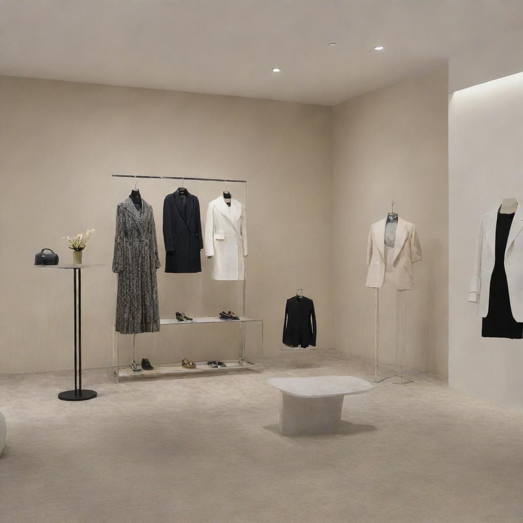 Showcase an elegant display of ZA Collection, featuring a broad array of luxury fashion clothing items, accessories, and shoes. The items should be styled perfectly and placed against a sleek, modern backdrop.