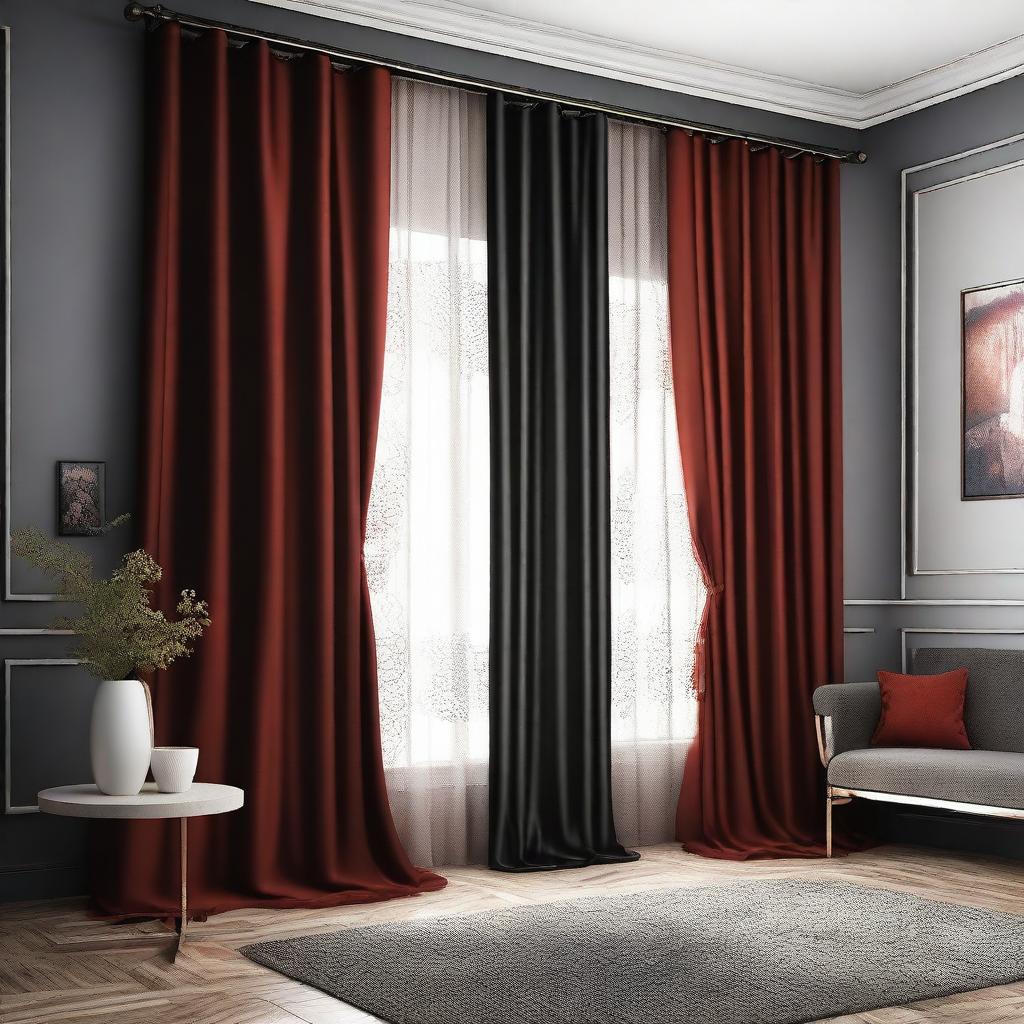 A luxurious black and red curtain hanging in a stylish room