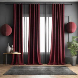 A luxurious black and red curtain hanging in a stylish room