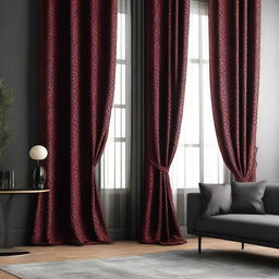 A luxurious black and red curtain hanging in a stylish room