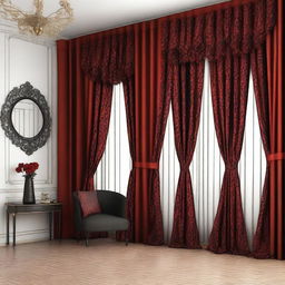 A luxurious black and red curtain hanging in a stylish room