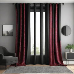 A luxurious black and red curtain hanging in a stylish room