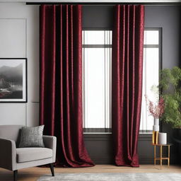 A luxurious black and red curtain hanging in a stylish room