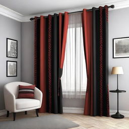 A luxurious black and red curtain hanging in a stylish room