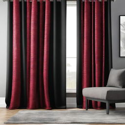 A luxurious black and red curtain hanging in a stylish room