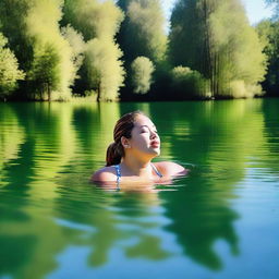 A large woman swimming in a serene lake surrounded by nature