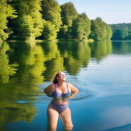 A large woman swimming in a serene lake surrounded by nature