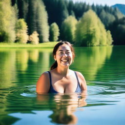 A large woman swimming in a serene lake surrounded by nature