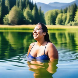 A large woman swimming in a serene lake surrounded by nature