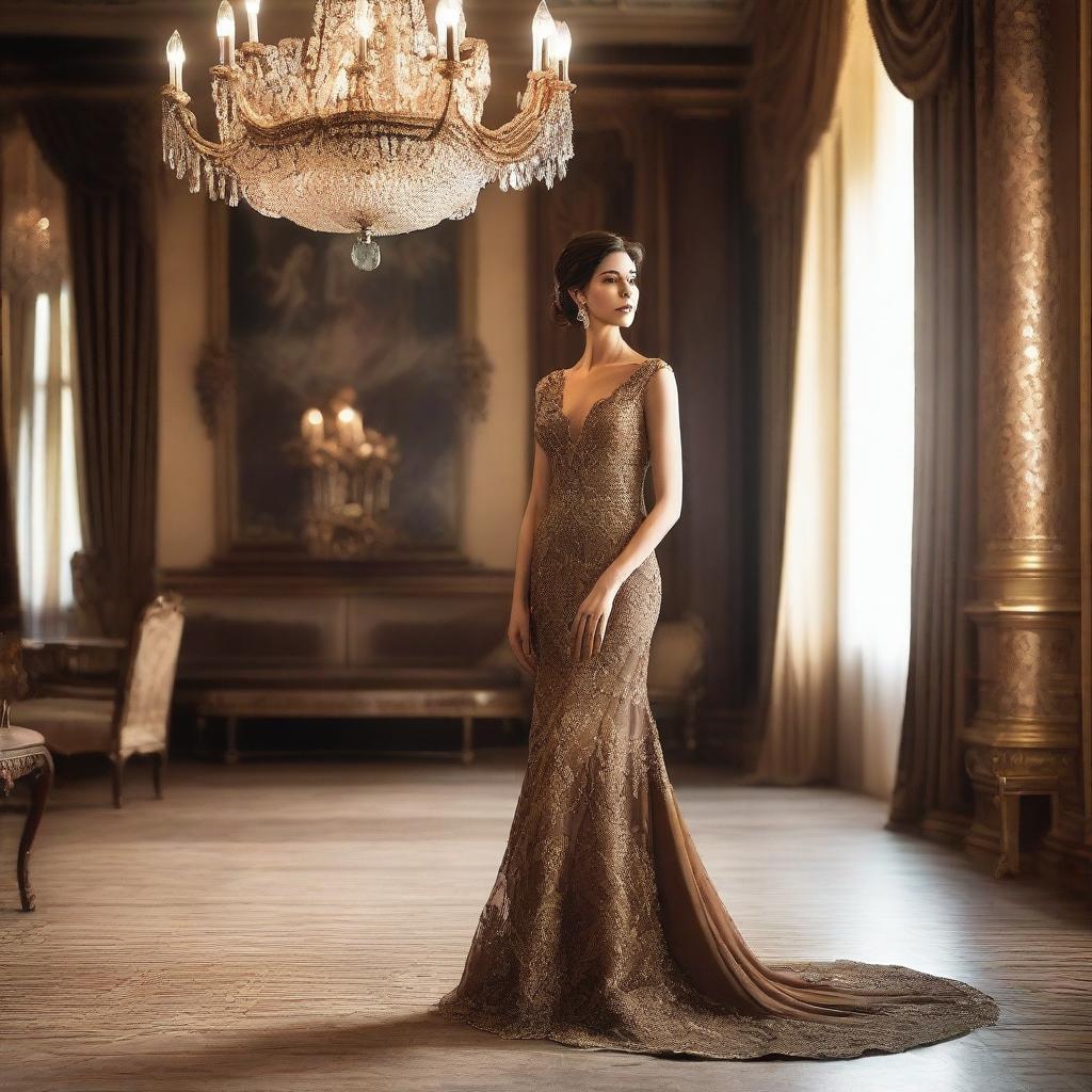 A lady wearing an elegant brown gown standing in a beautifully decorated room