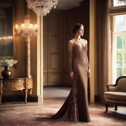 A lady wearing an elegant brown gown standing in a beautifully decorated room