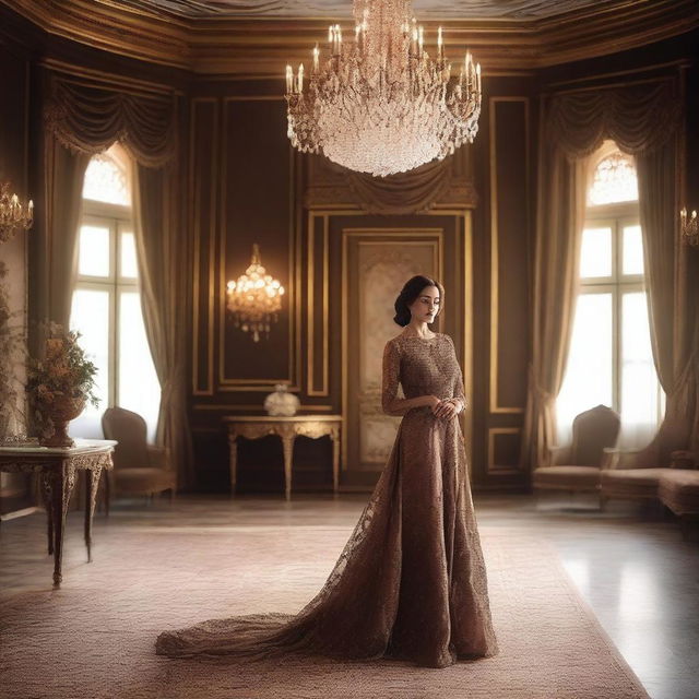 A lady wearing an elegant brown gown standing in a beautifully decorated room