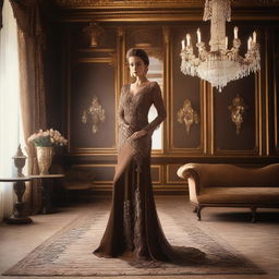 A lady wearing an elegant brown gown standing in a beautifully decorated room