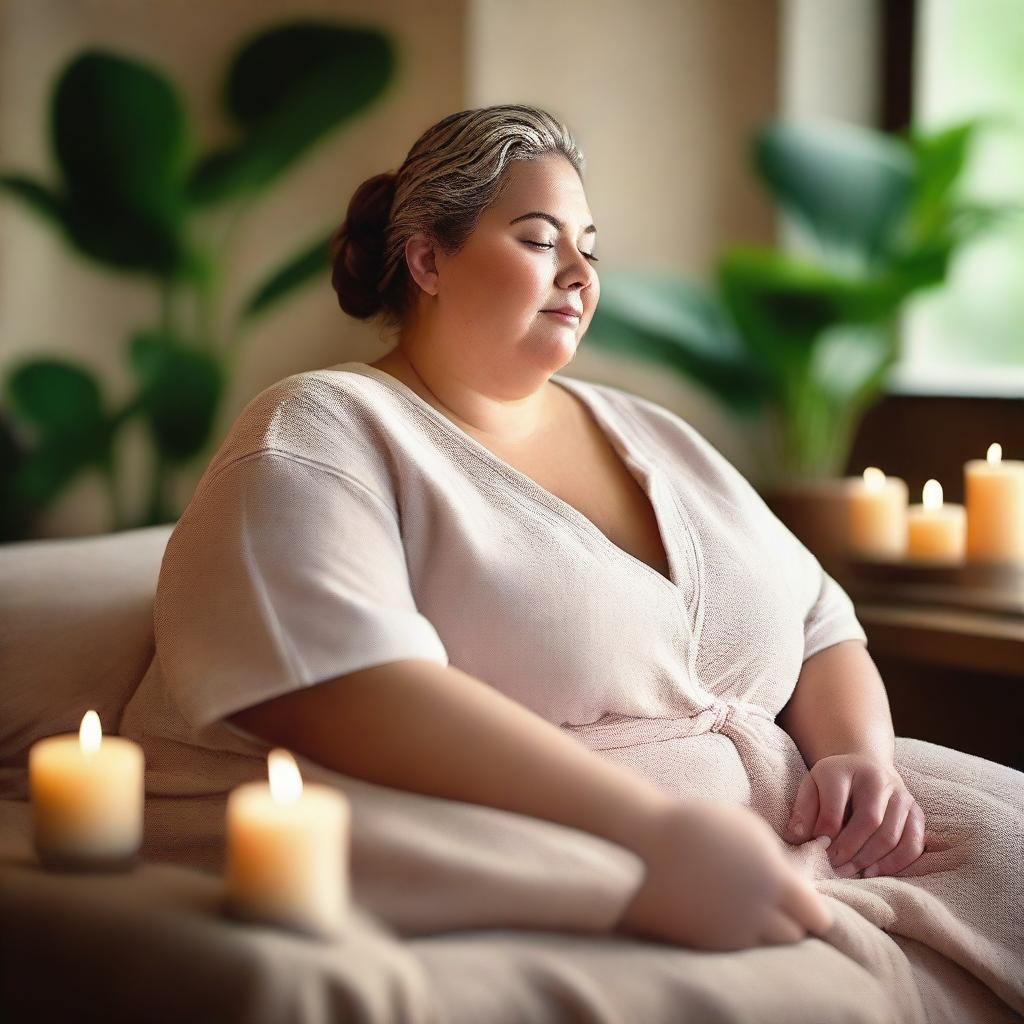 A large woman enjoying a relaxing day at a spa