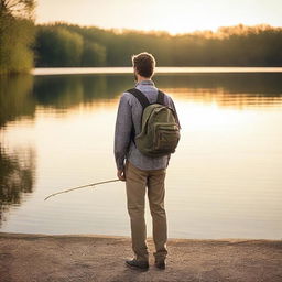 A young man, dressed in casual clothes, is seen after work heading to a serene lakeside to go fishing