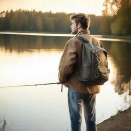 A young man, dressed in casual clothes, is seen after work heading to a serene lakeside to go fishing