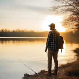 A young man, dressed in casual clothes, is seen after work heading to a serene lakeside to go fishing