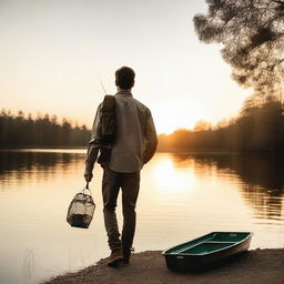 A young man, dressed in casual clothes, is seen after work heading to a serene lakeside to go fishing