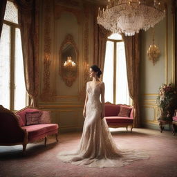 A lady wearing an elegant gown standing in a beautifully decorated room