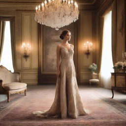 A lady wearing an elegant gown standing in a beautifully decorated room