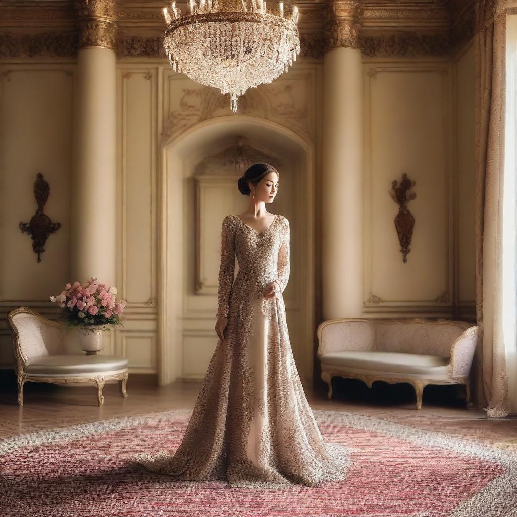 A lady wearing an elegant gown standing in a beautifully decorated room