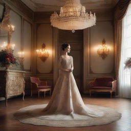 A lady wearing an elegant gown standing in a beautifully decorated room