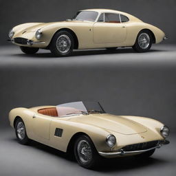 Lamborghini cars reimagined as 1940s style vehicles, blending the iconic aggressive Lamborghini designs with the vintage, rounded aesthetics of the 1940s automobiles.