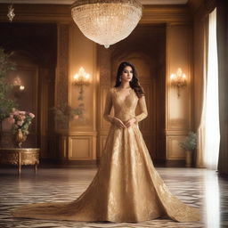 A lady wearing a stunning gold color gown standing in an opulent room