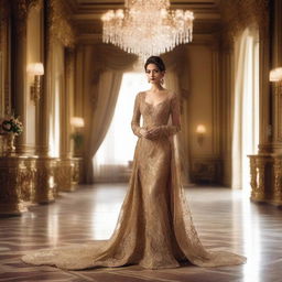 A lady wearing a stunning gold color gown standing in an opulent room