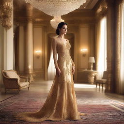 A lady wearing a stunning gold color gown standing in an opulent room