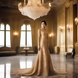 A lady wearing a stunning gold color gown standing in an opulent room