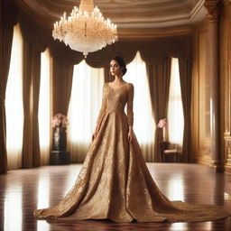 A lady wearing a stunning gold color gown standing in an opulent room