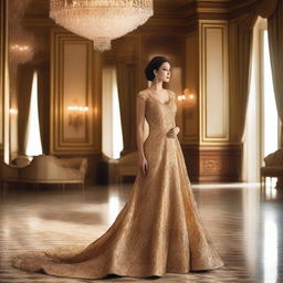 A lady wearing a stunning gold color gown standing in an opulent room