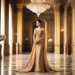 A lady wearing a stunning gold color gown standing in an opulent room