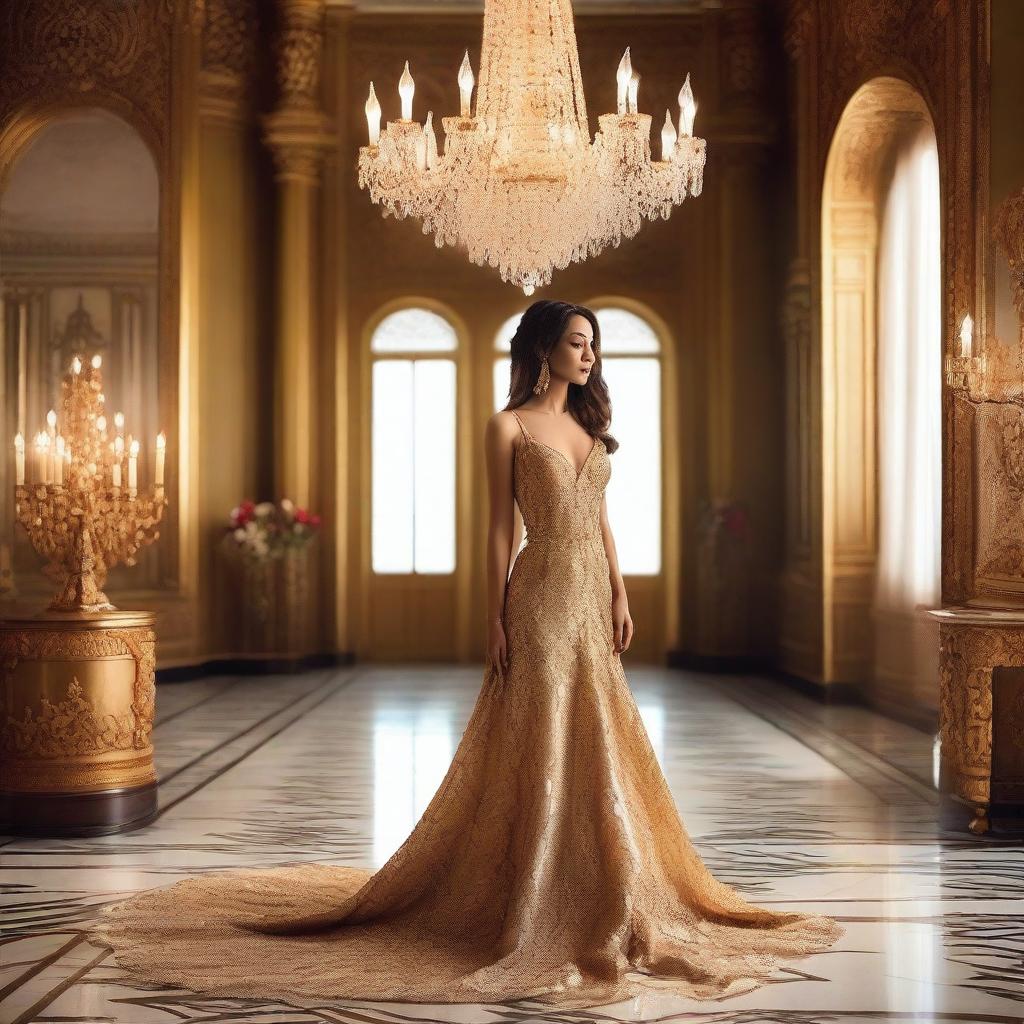 A lady wearing a stunning gold color gown standing in an opulent room