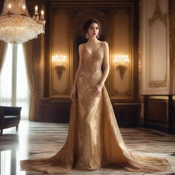 A lady wearing a stunning gold color gown standing in a seductive pose