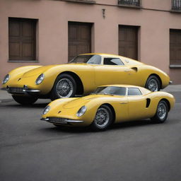 Lamborghini cars reimagined as 1940s style vehicles, blending the iconic aggressive Lamborghini designs with the vintage, rounded aesthetics of the 1940s automobiles.