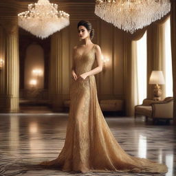 A lady wearing a stunning gold color gown standing in a seductive pose