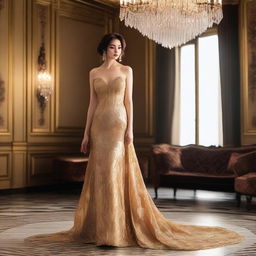 A lady wearing a stunning gold color gown standing in a seductive pose