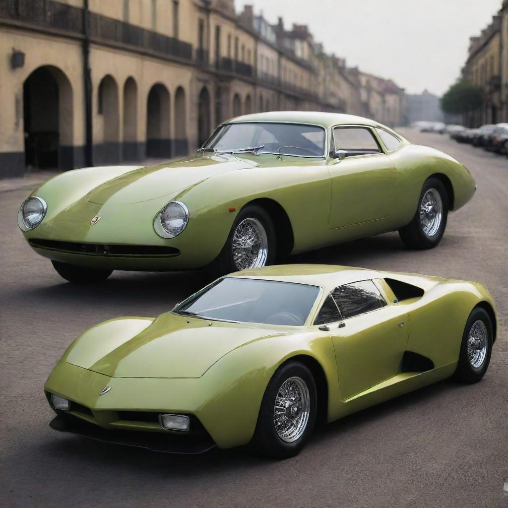 Lamborghini cars reimagined as 1940s style vehicles, blending the iconic aggressive Lamborghini designs with the vintage, rounded aesthetics of the 1940s automobiles.