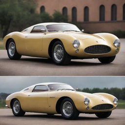 Lamborghini cars reimagined as 1940s style vehicles, blending the iconic aggressive Lamborghini designs with the vintage, rounded aesthetics of the 1940s automobiles.