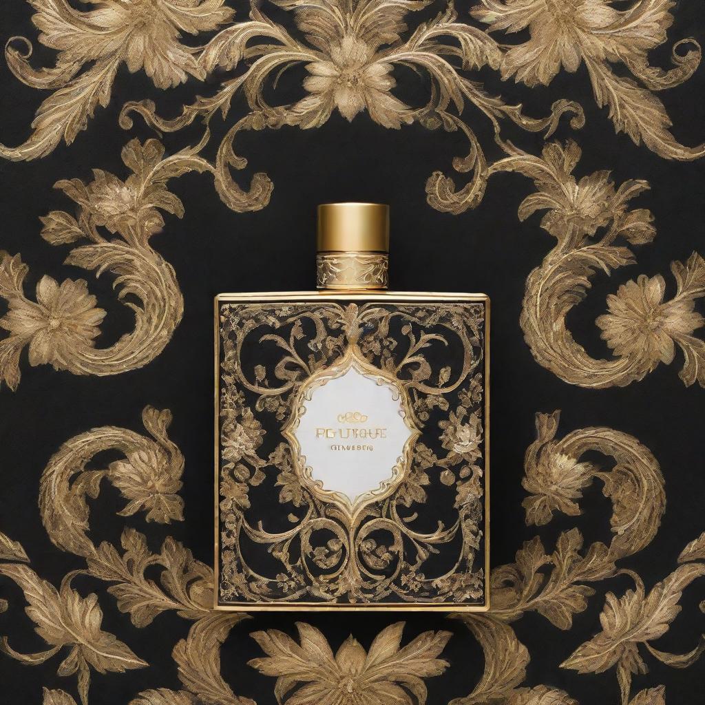 Generate a unique and intricate pattern for the exterior of a perfume box. Incorporate floral elements, swirls, and abstract patterns, with a luxurious feel in tones of gold, black, and white.