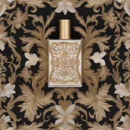 Generate a unique and intricate pattern for the exterior of a perfume box. Incorporate floral elements, swirls, and abstract patterns, with a luxurious feel in tones of gold, black, and white.