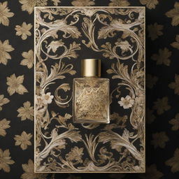 Generate a unique and intricate pattern for the exterior of a perfume box. Incorporate floral elements, swirls, and abstract patterns, with a luxurious feel in tones of gold, black, and white.