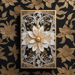 Generate a unique and intricate pattern for the exterior of a perfume box. Incorporate floral elements, swirls, and abstract patterns, with a luxurious feel in tones of gold, black, and white.