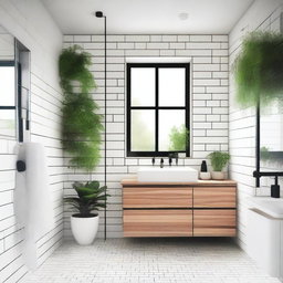 A clean and modern bathroom with white tiles, a glass shower, and a sleek vanity
