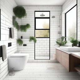 A clean and modern bathroom with white tiles, a glass shower, and a sleek vanity