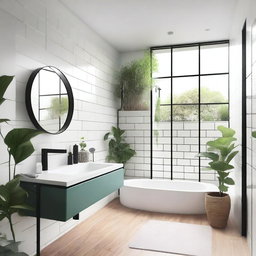 A clean and modern bathroom with white tiles, a glass shower, and a sleek vanity