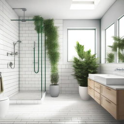 A clean and modern bathroom with white tiles, a glass shower, and a sleek vanity
